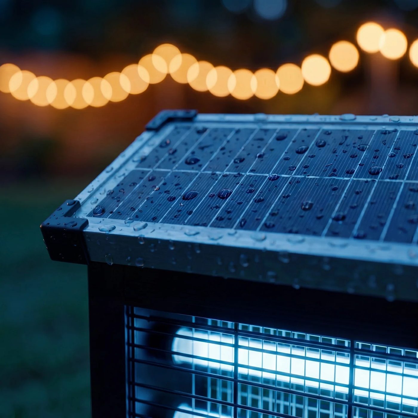 The zapper glowing blue on a back deck at night, with festoon lights blurred behind it