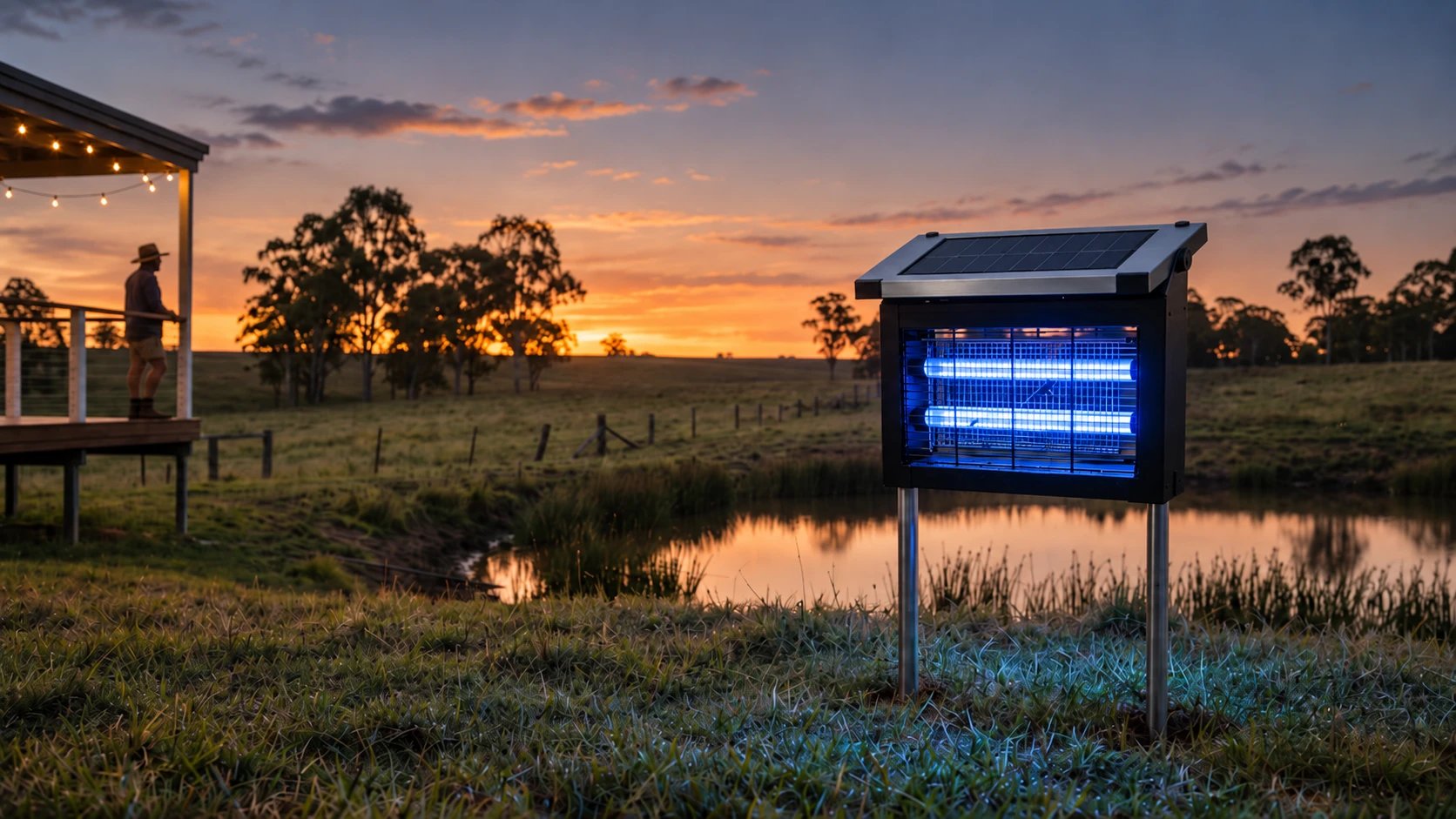 The Sentinel glowing blue beside a farm dam at sunset, with Darren on his verandah in the distance