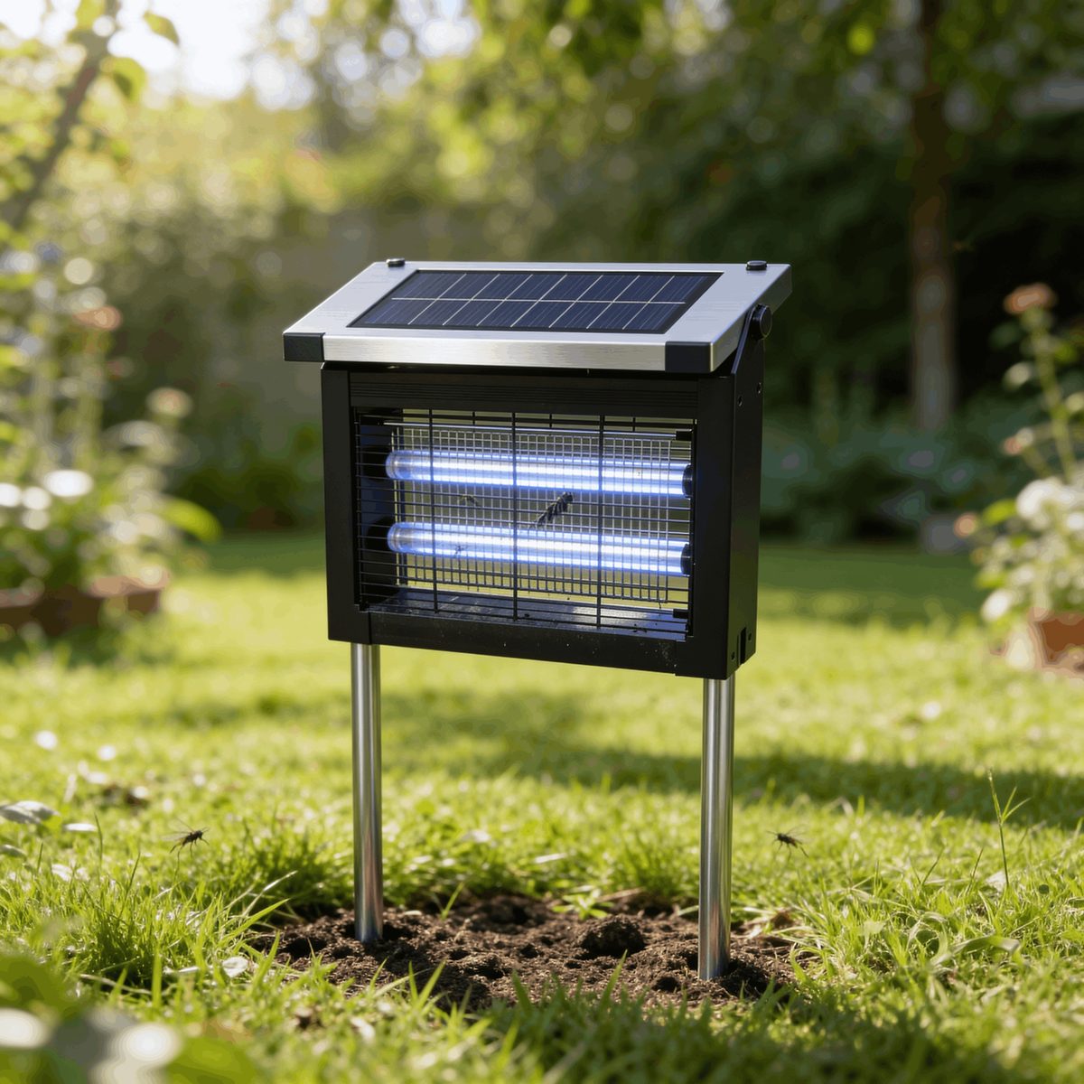 The GroundGuard Sentinel solar bug zapper staked in a sunny garden lawn