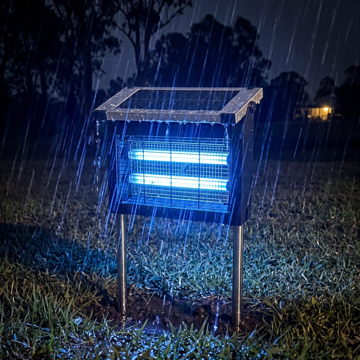The Sentinel glowing blue in heavy rain at night on the Whitfields' lawn